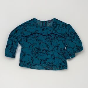 Lucky Brand lace detail black green semi sheer blouse button back size MED